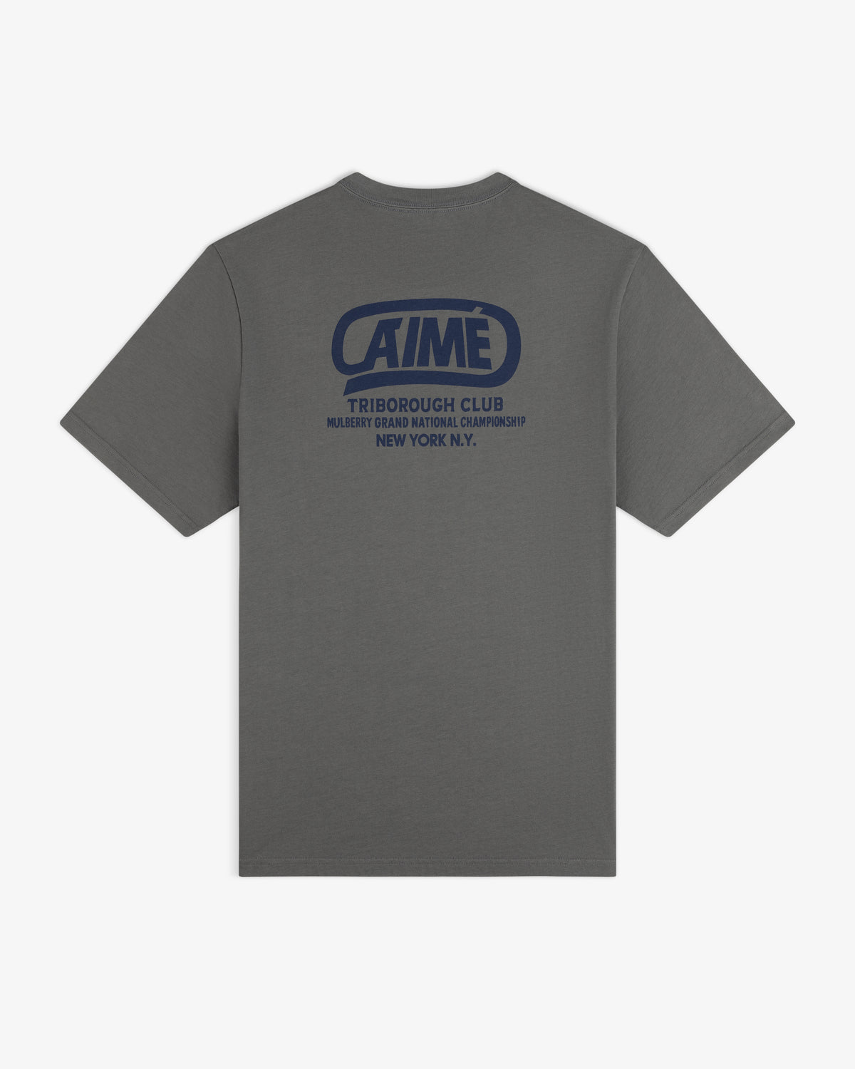 Dark grey Triborough Club Tee with a blue graphic on the back reading Aime Triborough Club Mulberry Grand National.