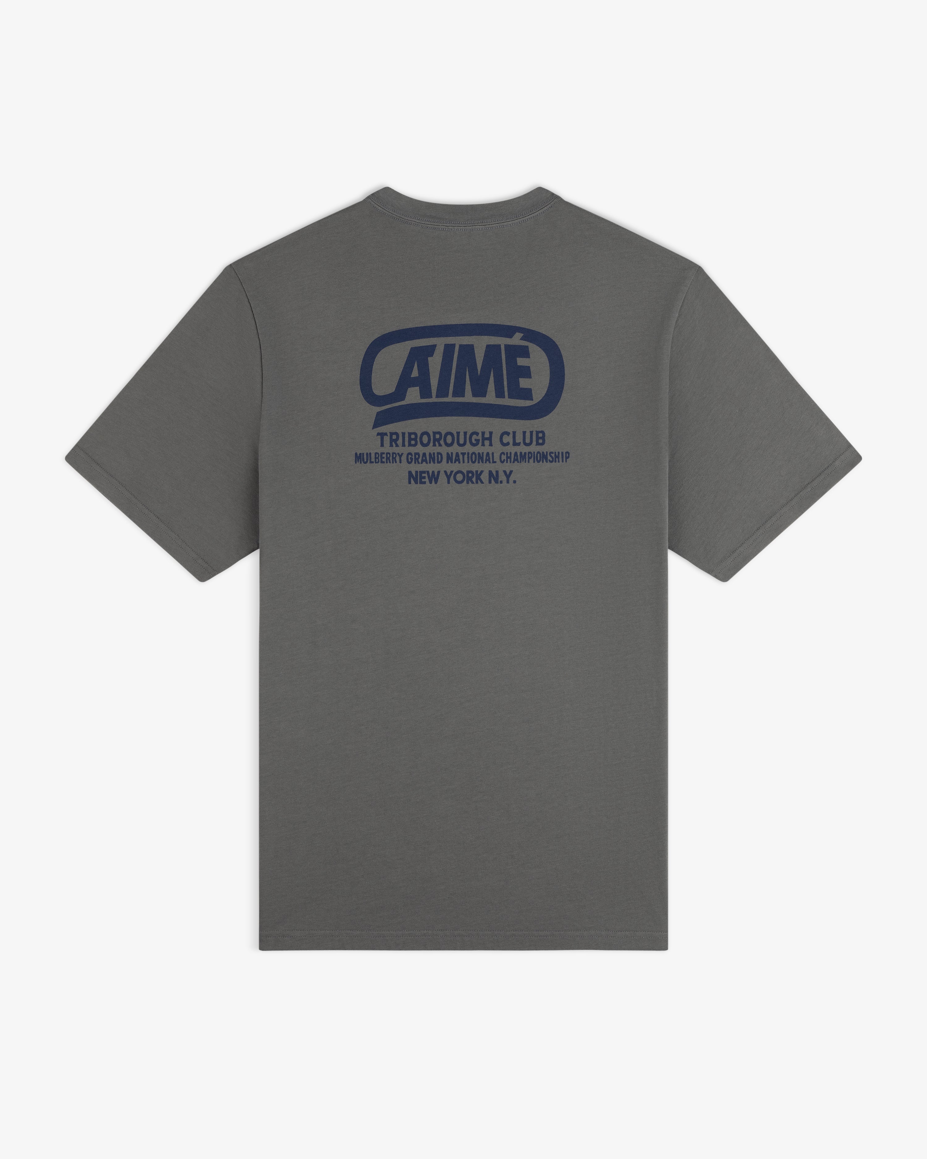 Dark grey Triborough Club Tee with a blue graphic on the back reading Aime Triborough Club Mulberry Grand National.