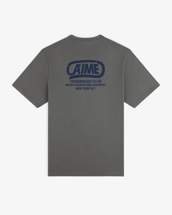 Dark grey Triborough Club Tee with a blue graphic on the back reading Aime Triborough Club Mulberry Grand National.