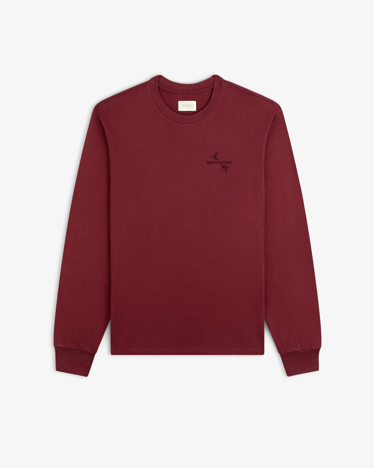 Maroon Long-Sleeve Retriever Tee with a small embroidered bird and text logo on the left chest.