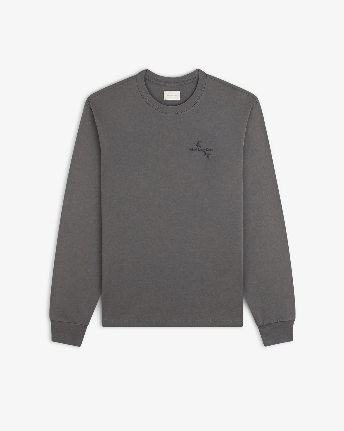Charcoal grey long-sleeve Long-Sleeve Retriever Tee featuring two small bird illustrations and text on the left chest.