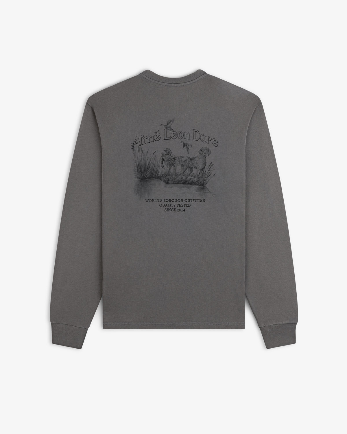 Grey Long-Sleeve Retriever Tee with a back graphic of hunting dogs and birds in a marsh.