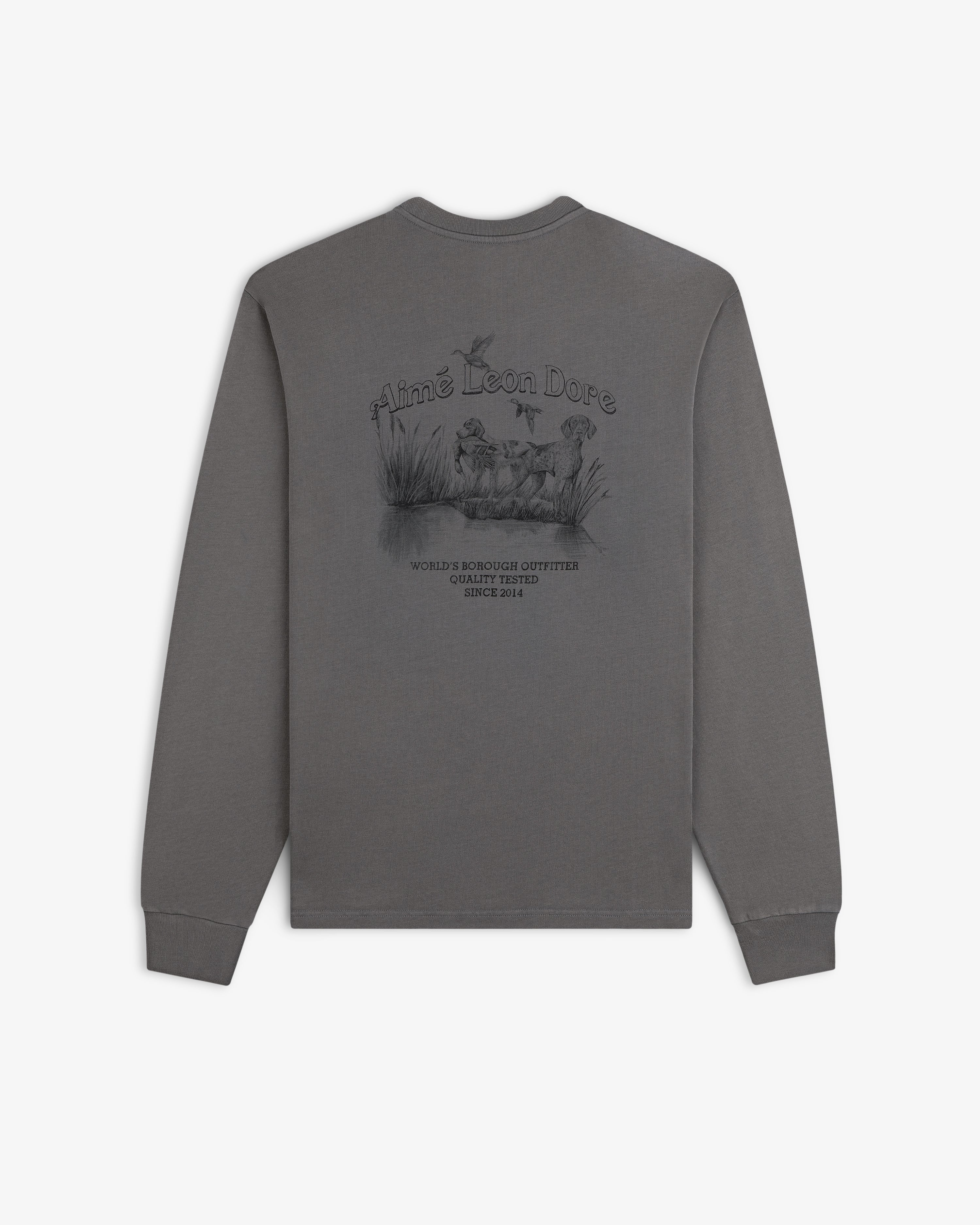 Grey Long-Sleeve Retriever Tee with a back graphic of hunting dogs and birds in a marsh.