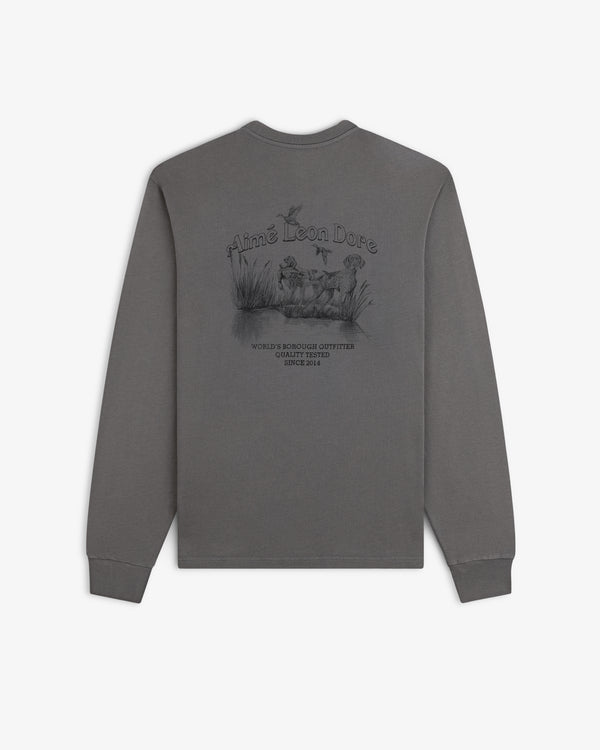 Grey Long-Sleeve Retriever Tee with a back graphic of hunting dogs and birds in a marsh.