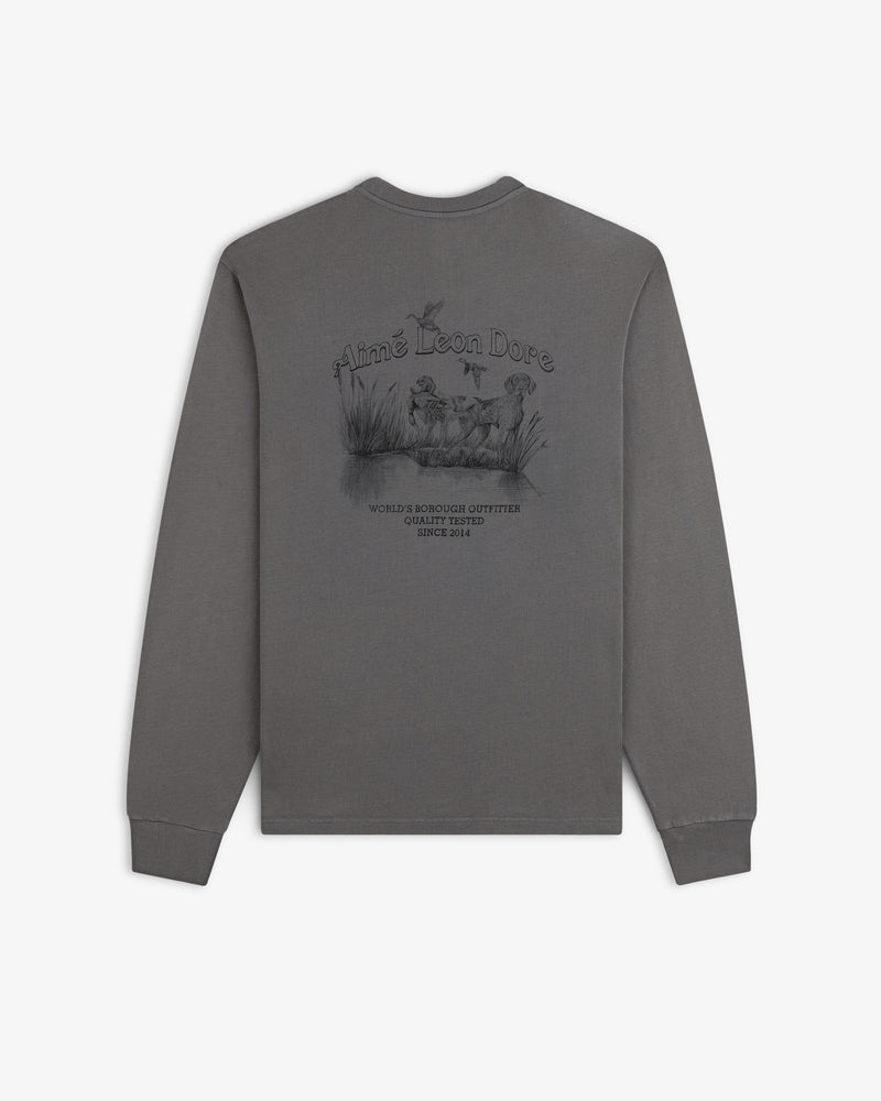 Grey Long-Sleeve Retriever Tee with a back graphic of hunting dogs and birds in a marsh.