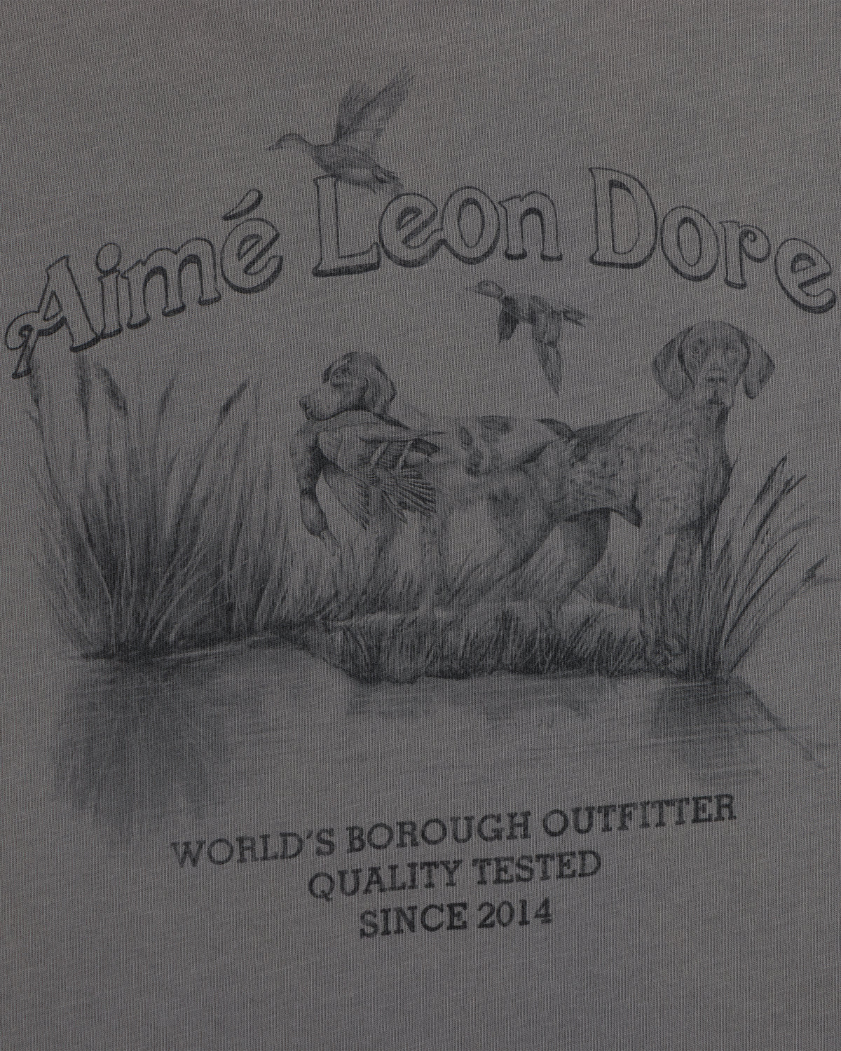 Grey Long-Sleeve Retriever Tee with a sketch of two hunting dogs in a marsh, flying ducks, and printed text.