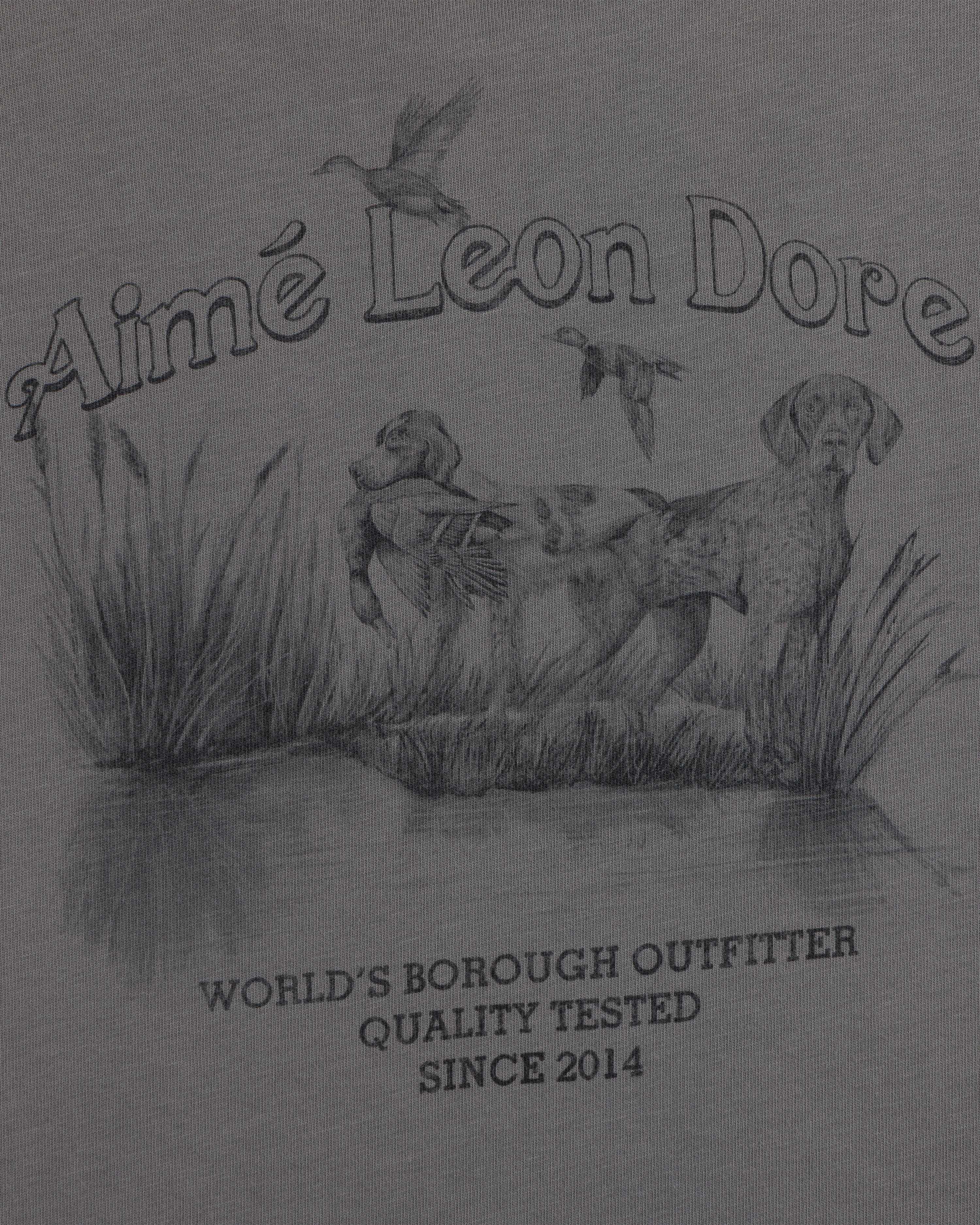 Grey Long-Sleeve Retriever Tee with a sketch of two hunting dogs in a marsh, flying ducks, and printed text.