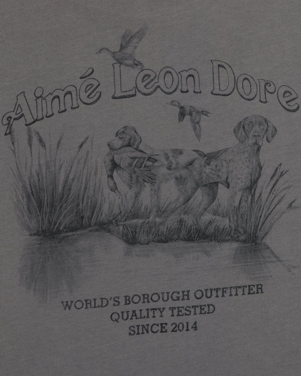 Grey Long-Sleeve Retriever Tee with a sketch of two hunting dogs in a marsh, flying ducks, and printed text.
