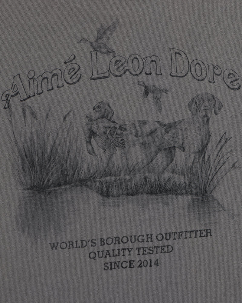 Grey Long-Sleeve Retriever Tee with a sketch of two hunting dogs in a marsh, flying ducks, and printed text.