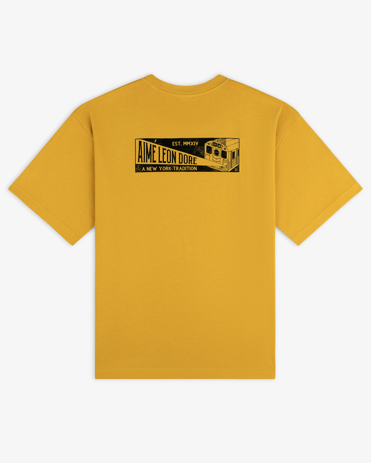 Mustard yellow Aimé Transit Tee featuring a black rectangular graphic of a New York subway train and text on the back.