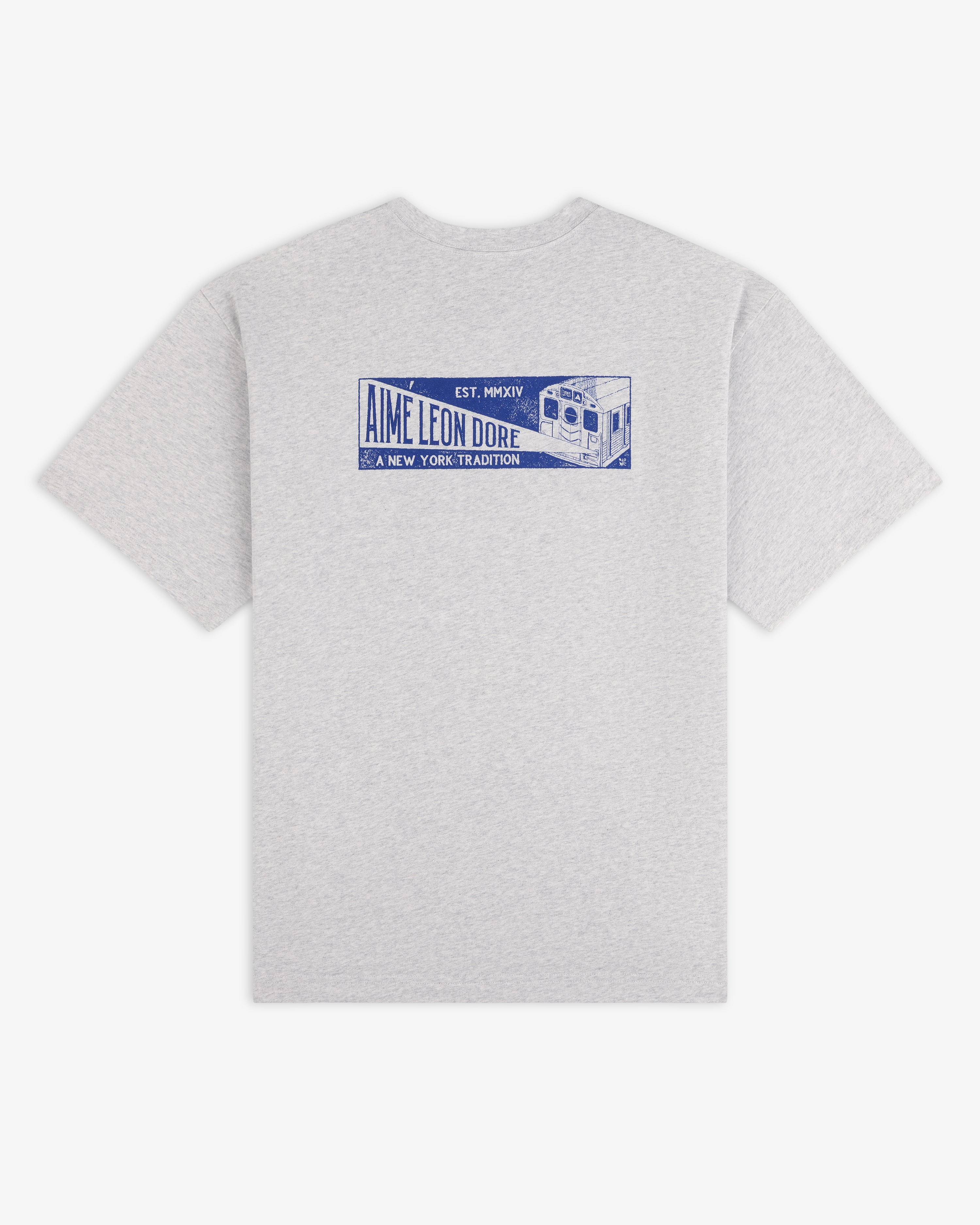 Gray short-sleeve Aimé Transit Tee with a blue graphic on the back featuring a subway car and text.