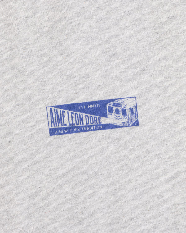 Close-up of a grey heather Aimé Transit Tee featuring a blue subway train graphic and Aime Leon Dore text.