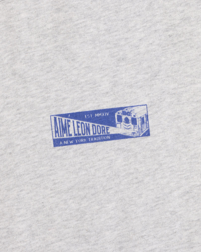 Close-up of a grey heather Aimé Transit Tee featuring a blue subway train graphic and Aime Leon Dore text.