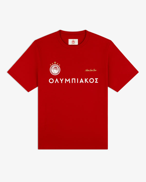 Red ALD / Olympiacos F.C. Souvenir Tee with the team crest and the Greek word for Olympiacos in white lettering.