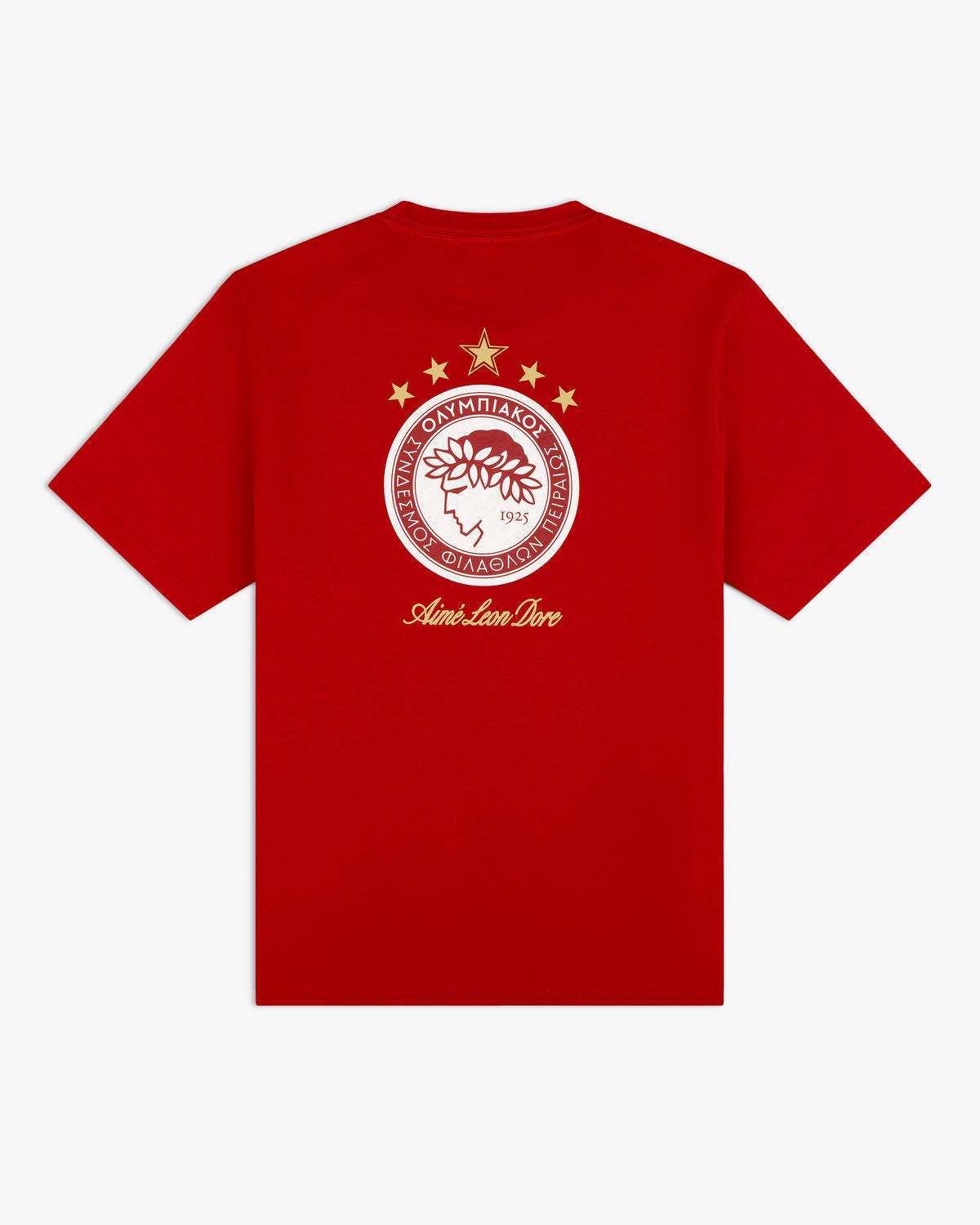 Red ALD / Olympiacos F.C. Souvenir Tee featuring the club’s circular logo and gold text on the back.