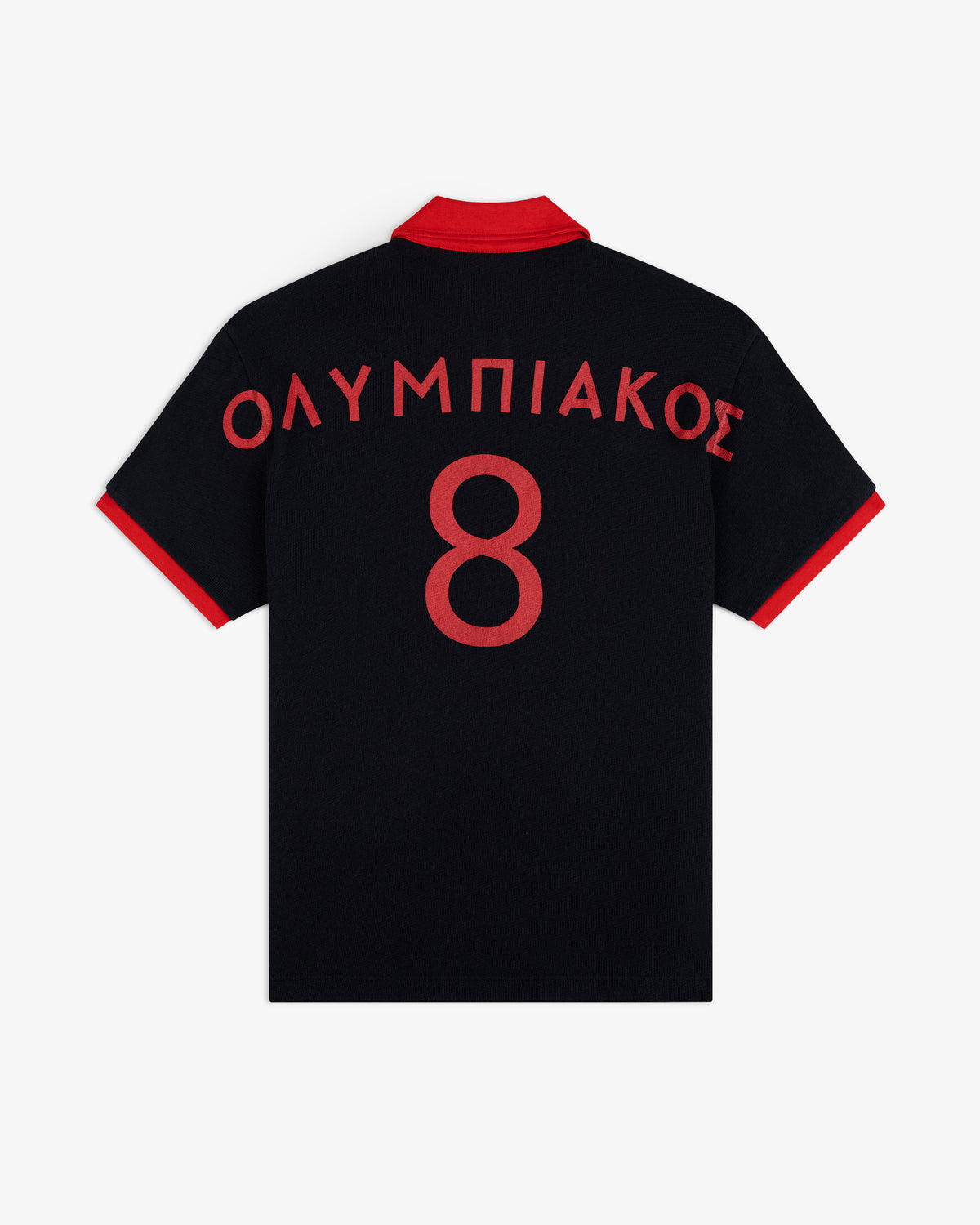 ALD / Olympiacos F.C. Heritage Ringer Polo: black shirt with red collar, cuffs, Greek text, and number 8 on the back.