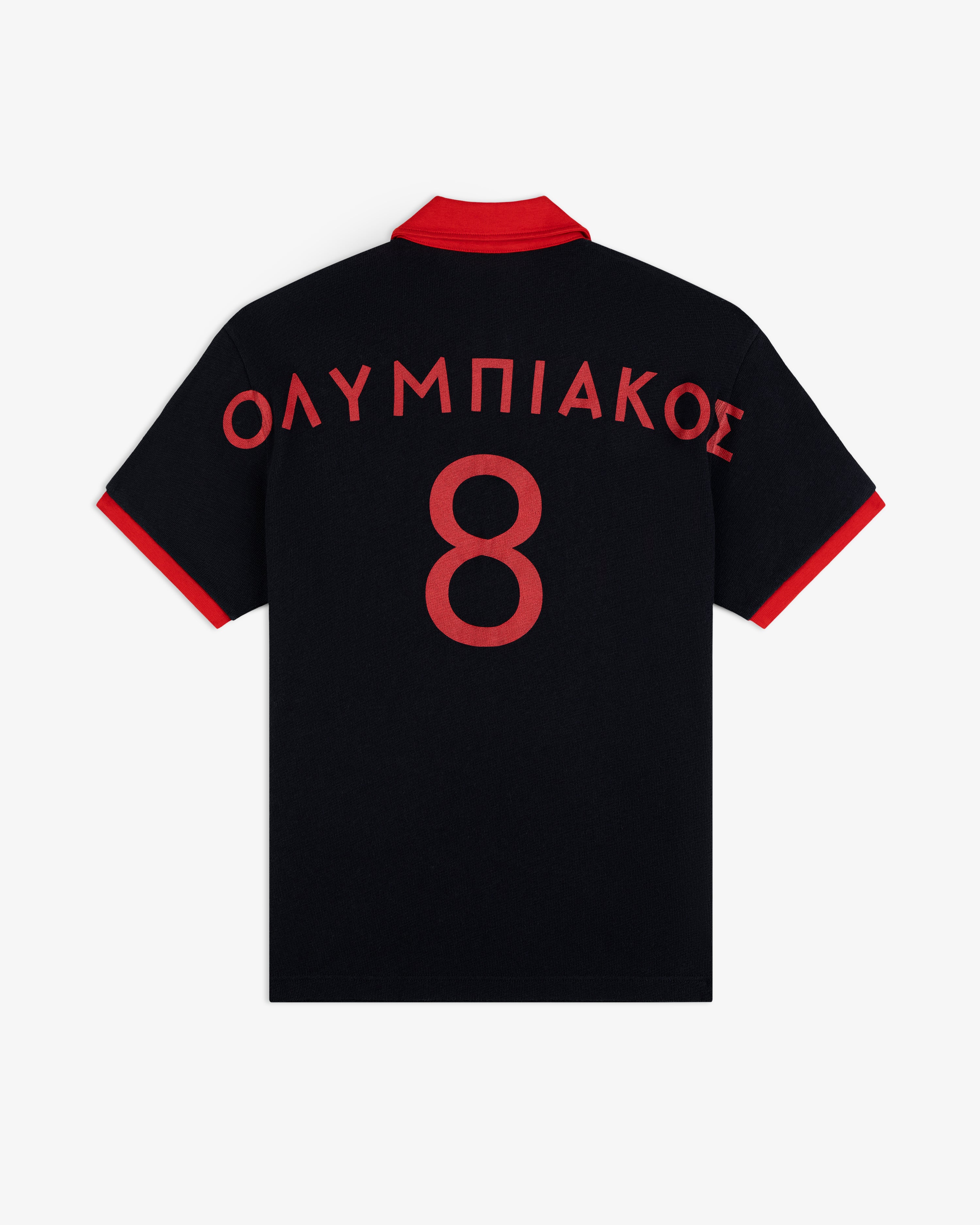 ALD / Olympiacos F.C. Heritage Ringer Polo: black shirt with red collar, cuffs, Greek text, and number 8 on the back.
