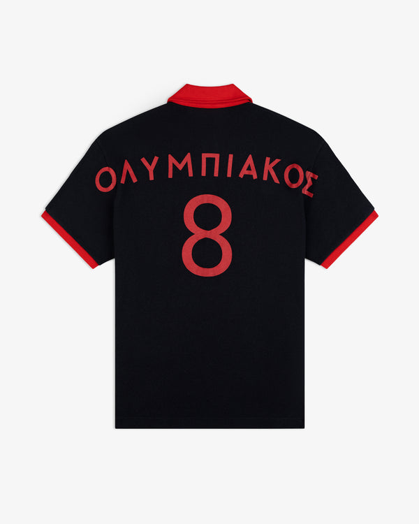ALD / Olympiacos F.C. Heritage Ringer Polo: black shirt with red collar, cuffs, Greek text, and number 8 on the back.