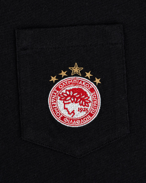 An ALD / Olympiacos F.C. Heritage Ringer Polo pocket featuring an embroidered crest, laurel wreath, Greek text, and stars.