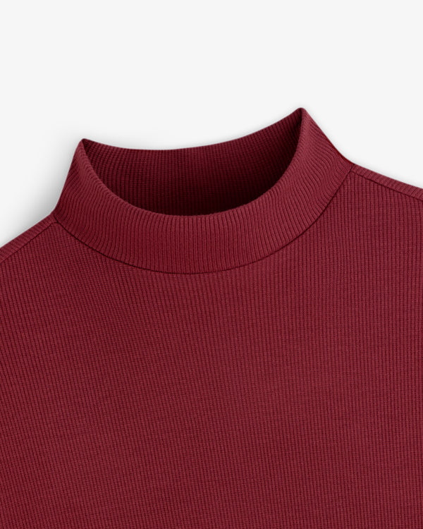 Ribbed Mockneck Long-Sleeve Tee in dark red, featuring a ribbed fabric and long sleeves.