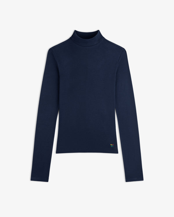 Ribbed Mockneck Long-Sleeve Tee in navy blue ribbed knit with a long-sleeve mockneck and a small colorful logo at the hem.