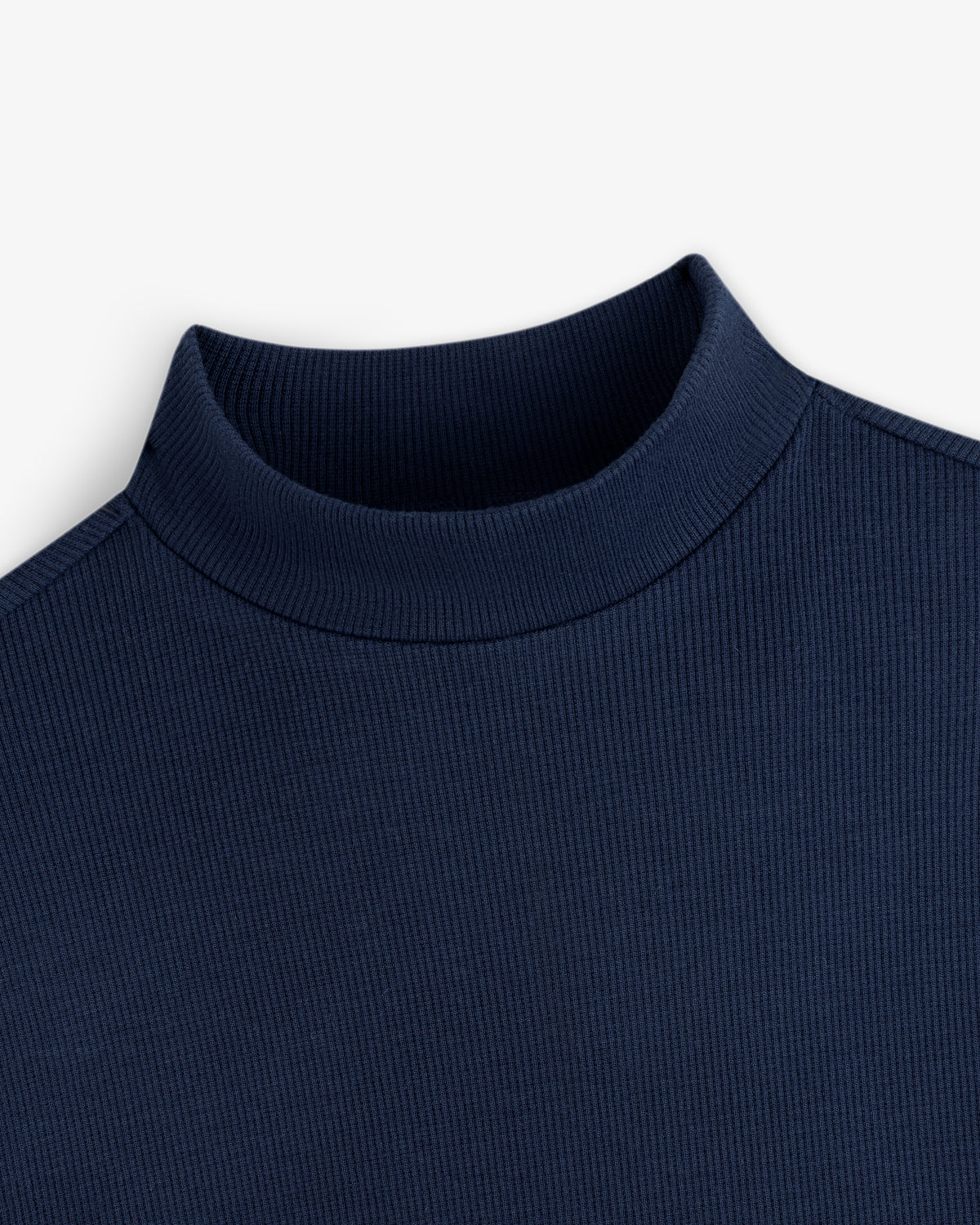 Dark blue Ribbed Mockneck Long-Sleeve Tee with a ribbed texture and a mock neck collar.