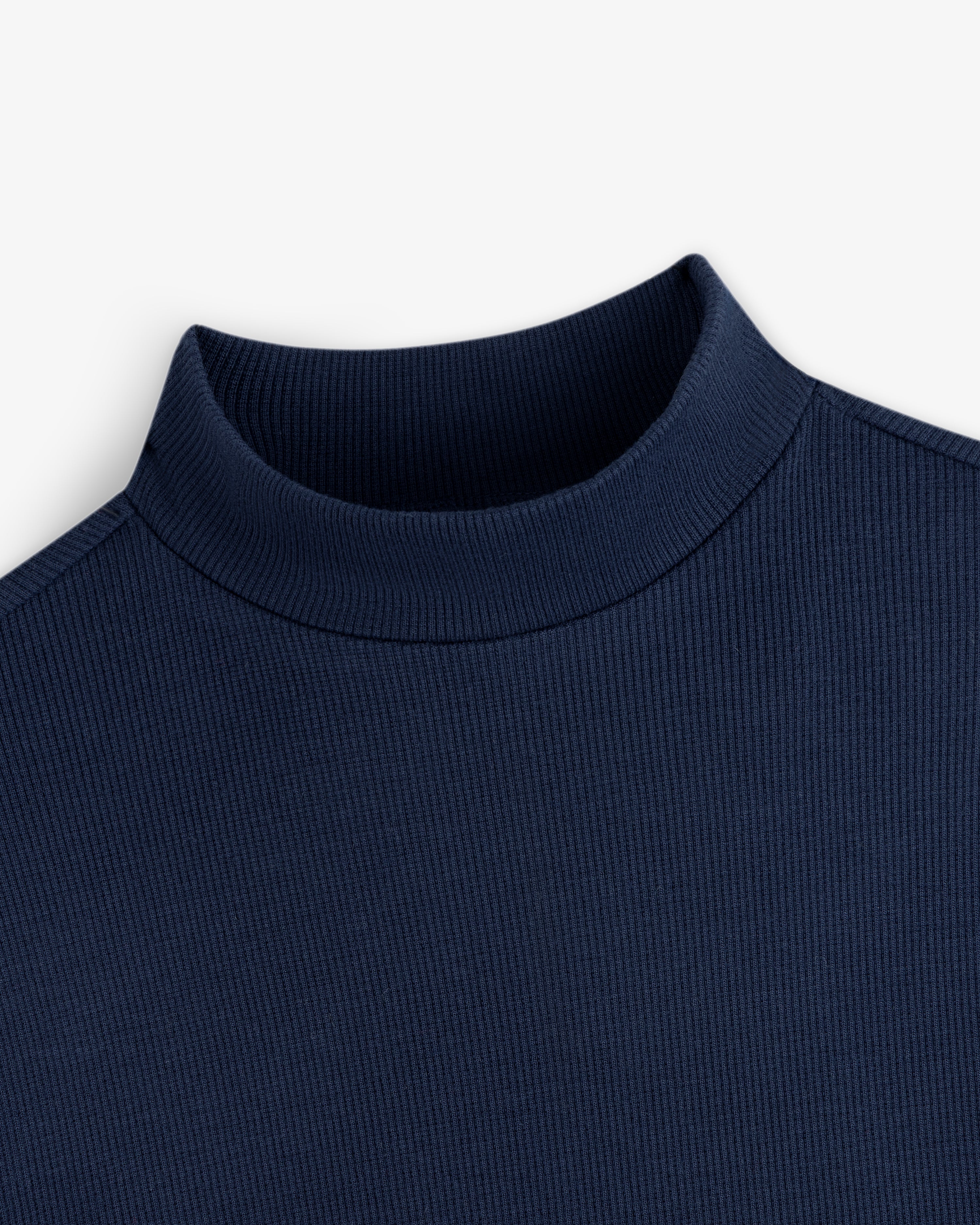 Dark blue Ribbed Mockneck Long-Sleeve Tee with a ribbed texture and a mock neck collar.