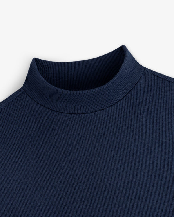 Dark blue Ribbed Mockneck Long-Sleeve Tee with a ribbed texture and a mock neck collar.
