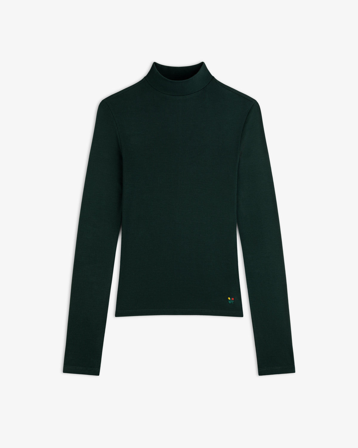 Dark green Ribbed Mockneck Long-Sleeve Tee with a ribbed mock-neck and a small embroidered logo near the hem.
