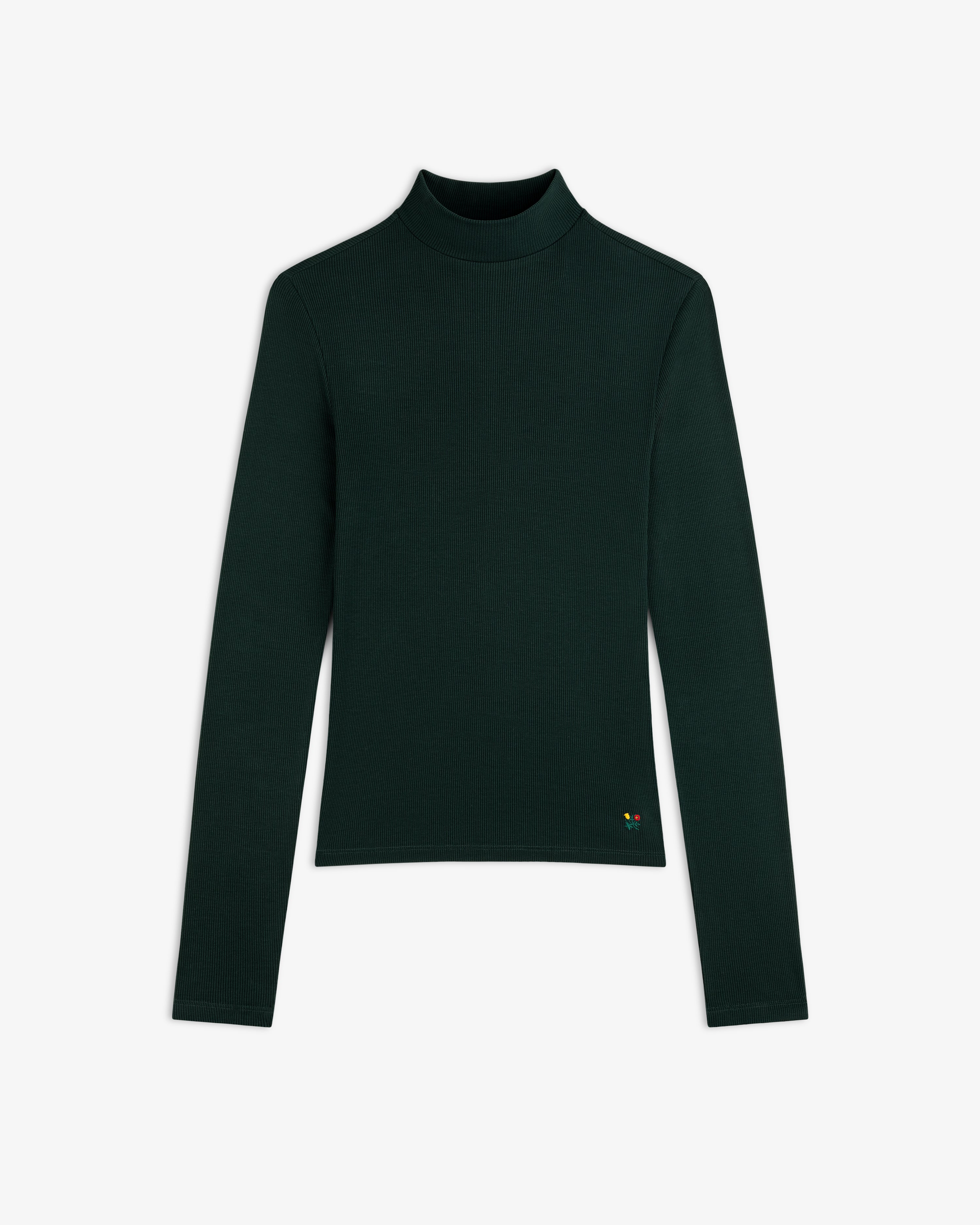 Dark green Ribbed Mockneck Long-Sleeve Tee with a ribbed mock-neck and a small embroidered logo near the hem.