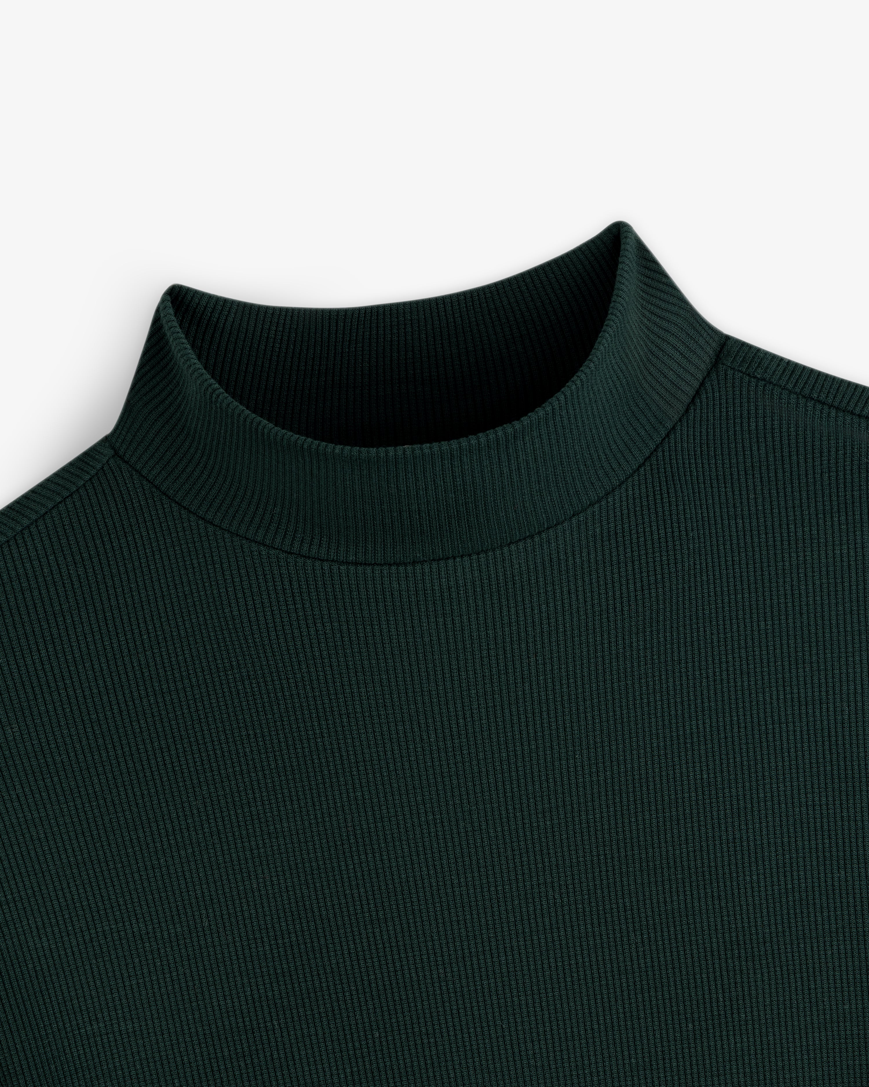 Dark green Ribbed Mockneck Long-Sleeve Tee with a mock neck.