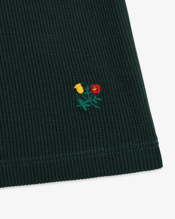 Dark green ribbed Ribbed Mockneck Long-Sleeve Tee with a small embroidered yellow and red floral design.