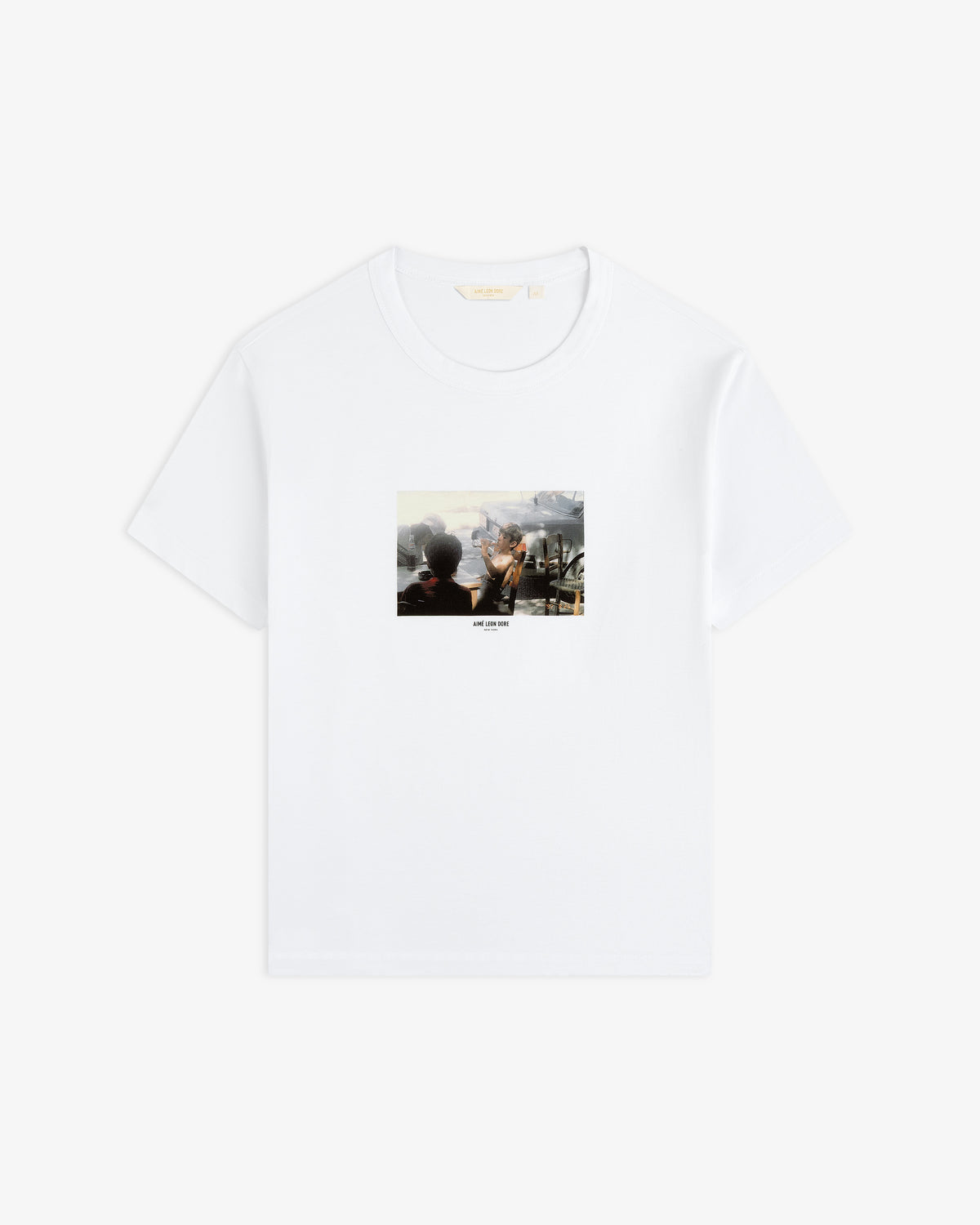 White Agóri Photo Tee featuring a vintage-style photographic print of people at an outdoor café on the chest.