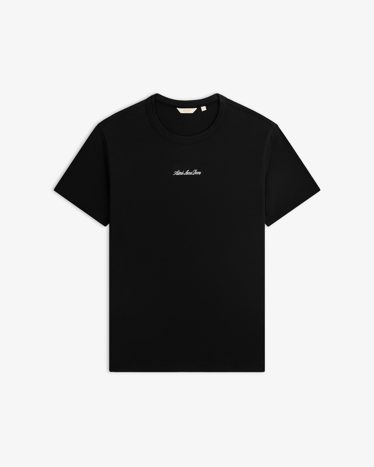 Black short-sleeved Shrunken Script Tee with white script text centered on the chest.