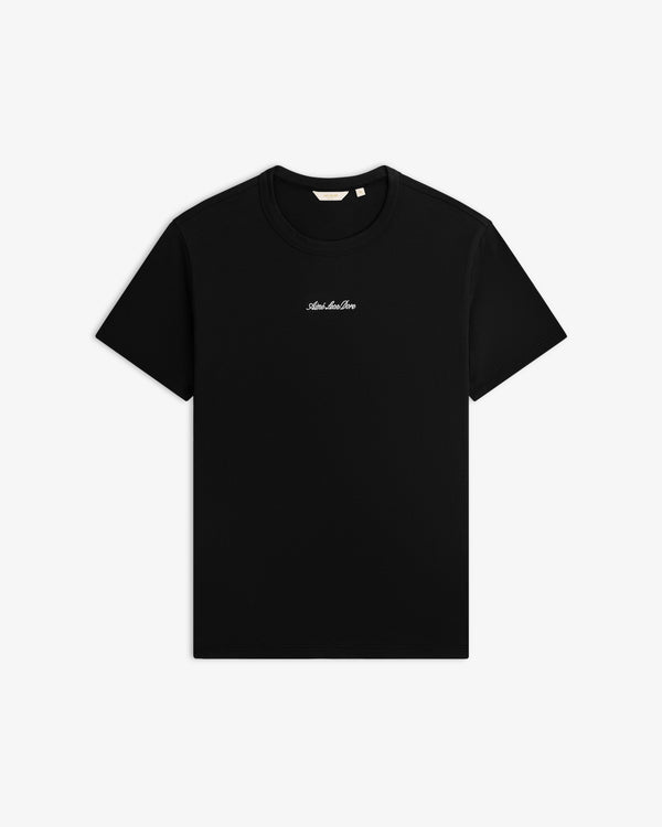 Black short-sleeved Shrunken Script Tee with white script text centered on the chest.