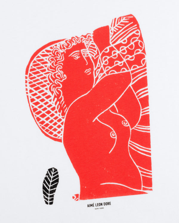 Fassianos Red Lady Tee in white with a stylized woman and a large red circular graphic print.