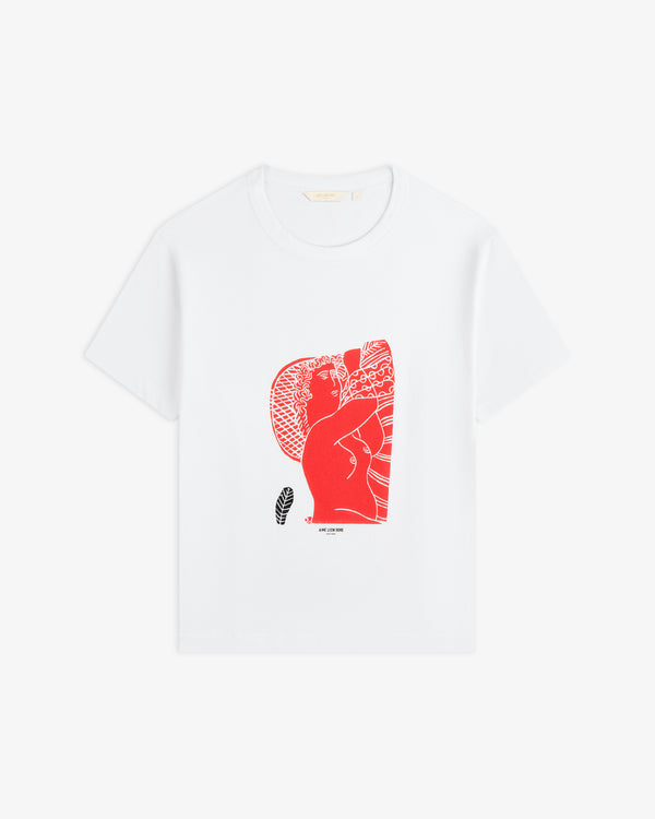 White Fassianos Red Lady Tee featuring a red line-art illustration of a woman.