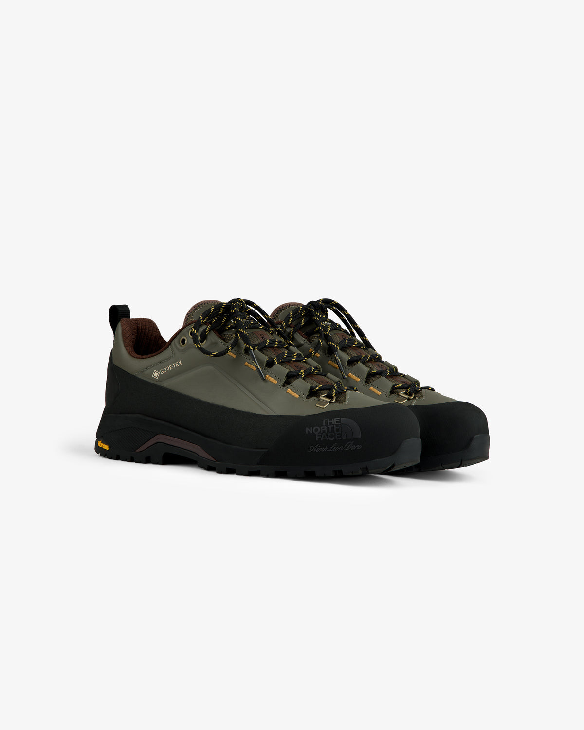 ALD/The North Face Verto Alpine GORE-TEX hiking shoes in green/black with patterned laces on a white background.