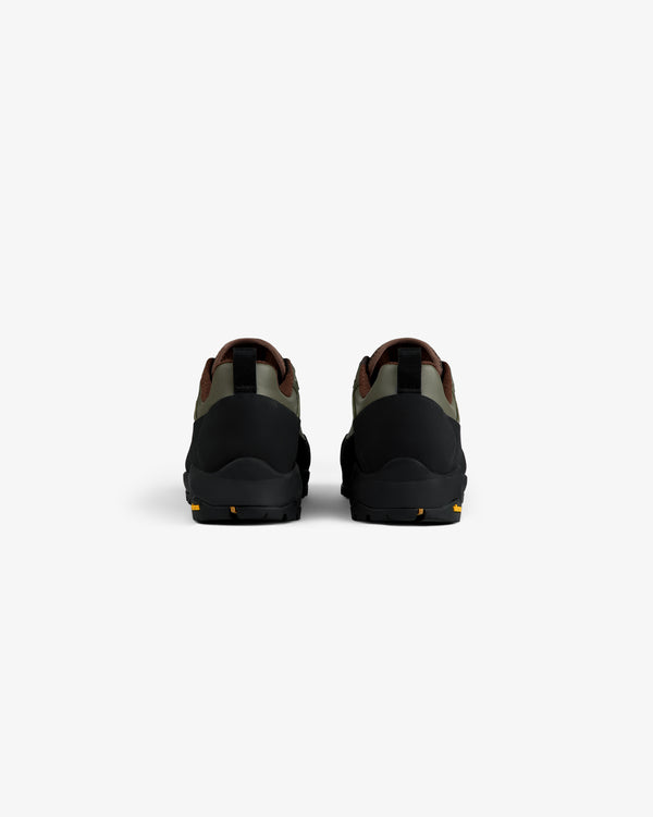 ALD/The North Face Verto Alpine GORE-TEX Hiking Shoes in green, brown & black seen from the back on a white background.