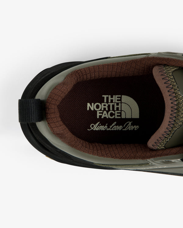 Top view of ALD / The North Face Verto Alpine GORE-TEX Hiking Shoes with logo on the dark brown insole.