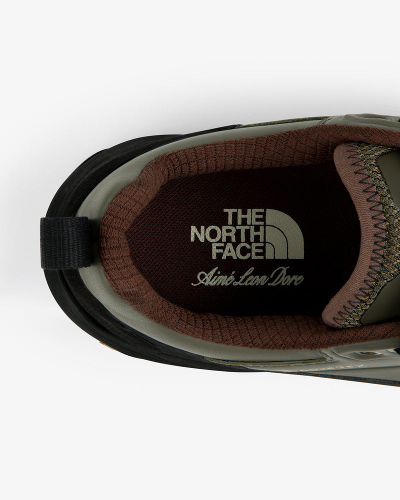 Top view of ALD / The North Face Verto Alpine GORE-TEX Hiking Shoes with logo on the dark brown insole.