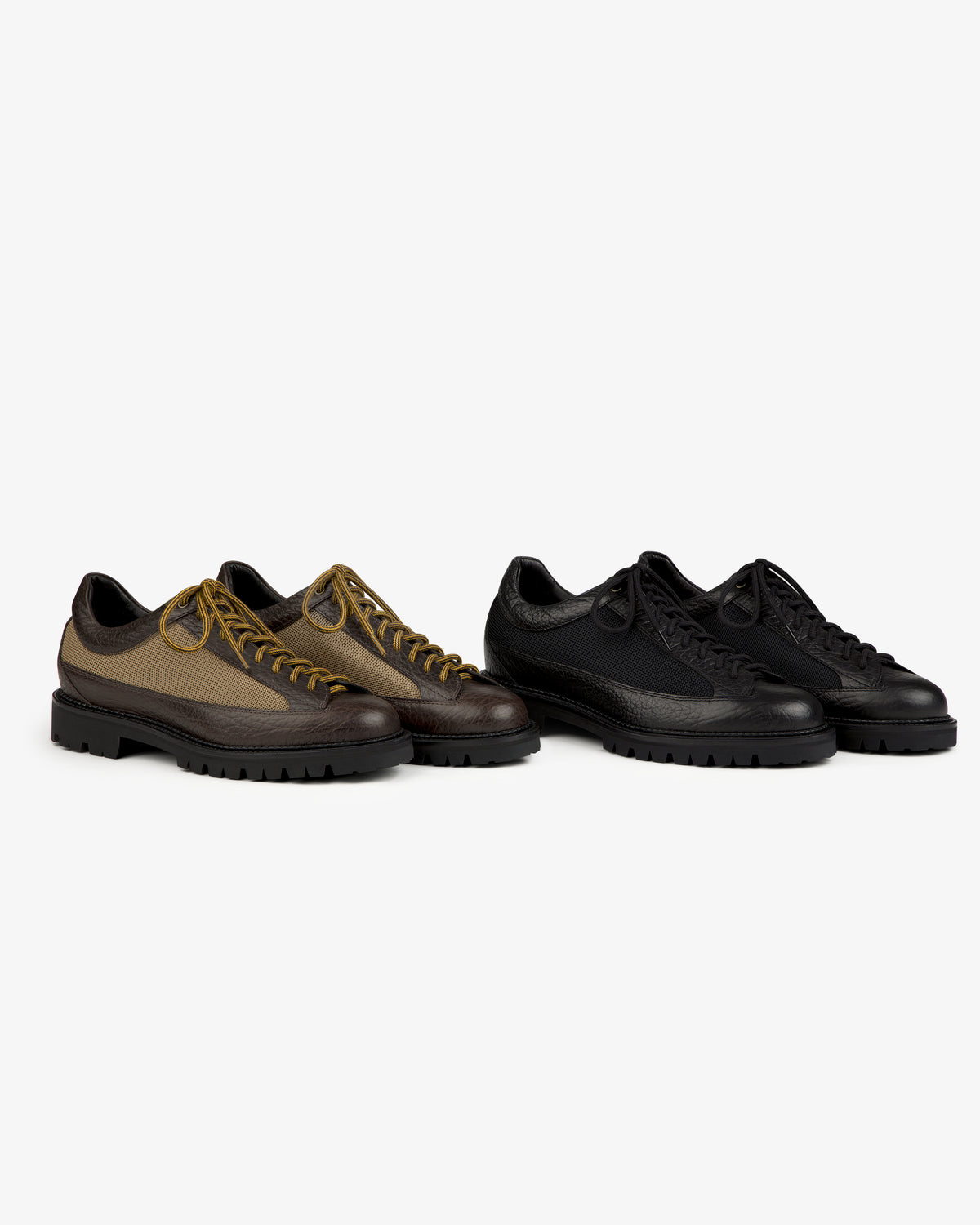 Field Boot low-top lace-up shoes with lugged soles, shown in brown and black.