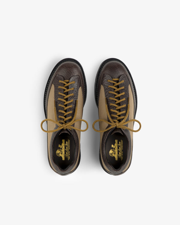 Top-down view of brown and tan Field Boot lace-up boots with gold laces.