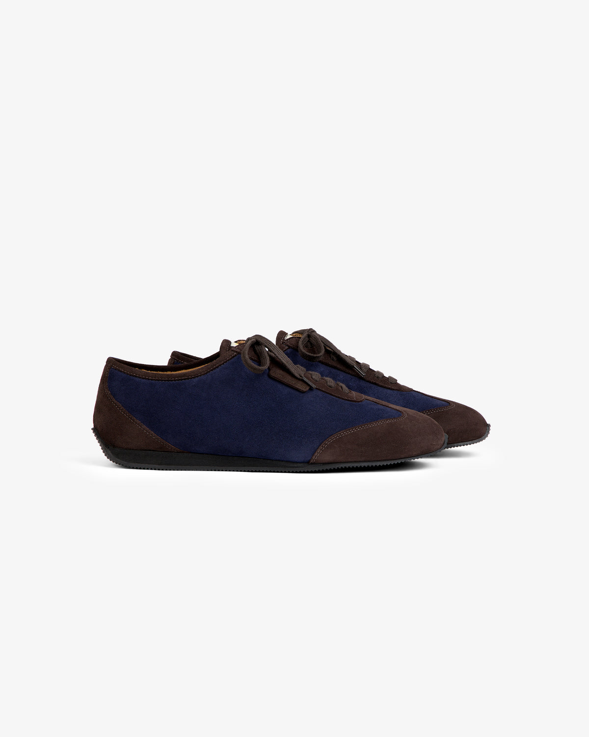 Low Profile Suede Trainer sneakers in blue and brown with laces.