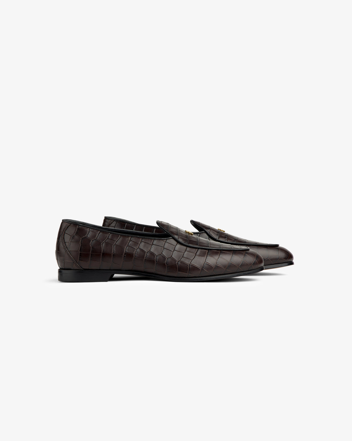 Croc-Embossed Crest Salóni Loafer in dark brown leather with gold hardware, shown on a white background.