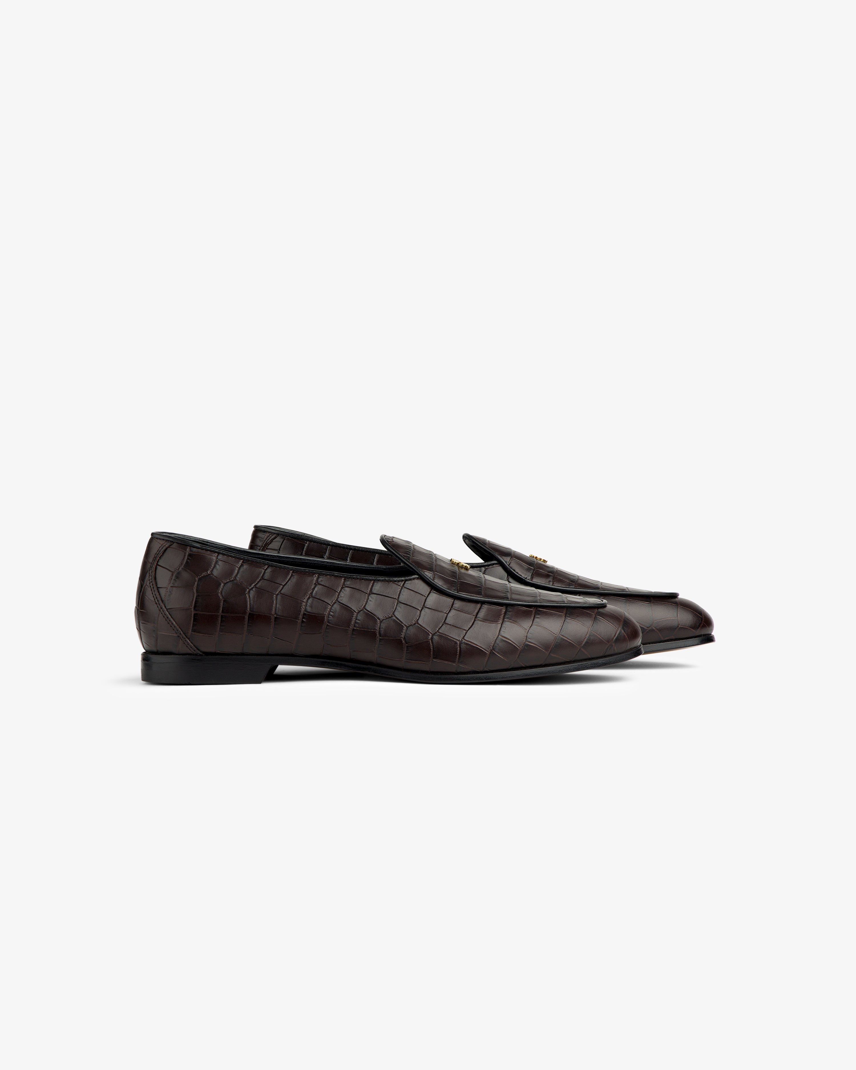 Croc-Embossed Crest Salóni Loafer in dark brown leather with gold hardware, shown on a white background.