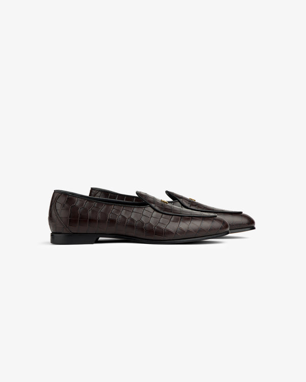 Croc-Embossed Crest Salóni Loafer in dark brown leather with gold hardware, shown on a white background.