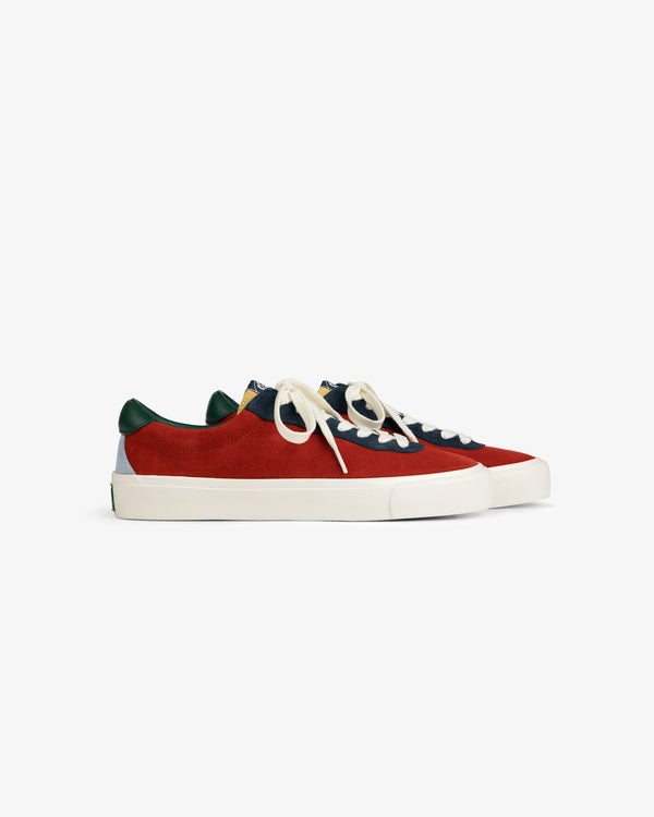ALD / Last Resort AB VM001-LO Suede sneakers in red, navy, and green with white soles and laces, side view.