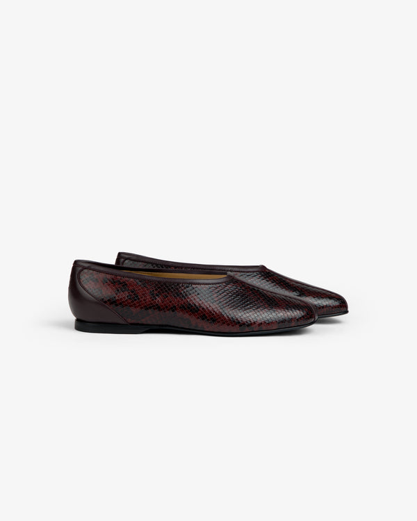 Dark red Snake Print Leather Ballet Flat with a rounded toe.