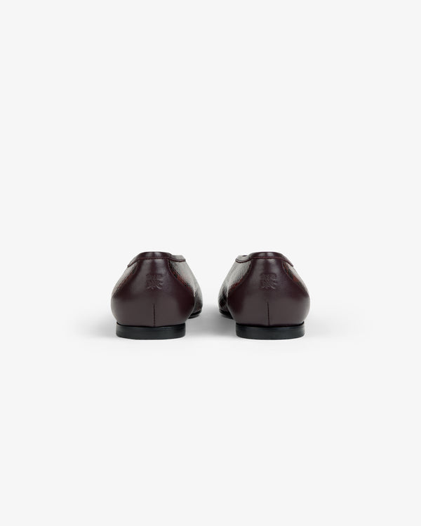 Back view of dark brown textured Snake Print Leather Ballet Flat.